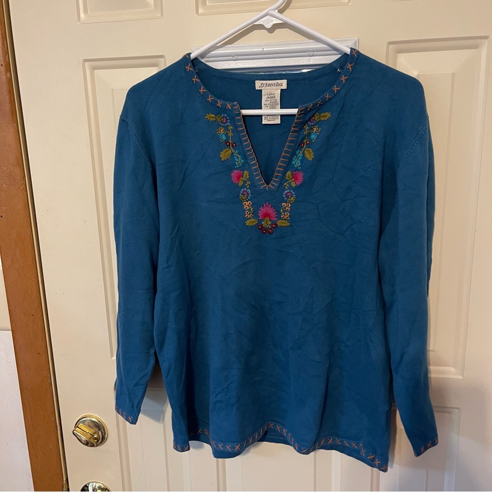 St. John's Bay Teal Pullover Sweater with Floral Embroidery